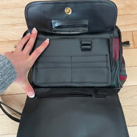 Vintage 90s Maggie Lawrence Patchwork Leather Crossbody Bag Boho Shoulder Purse - Picture 6 of 10